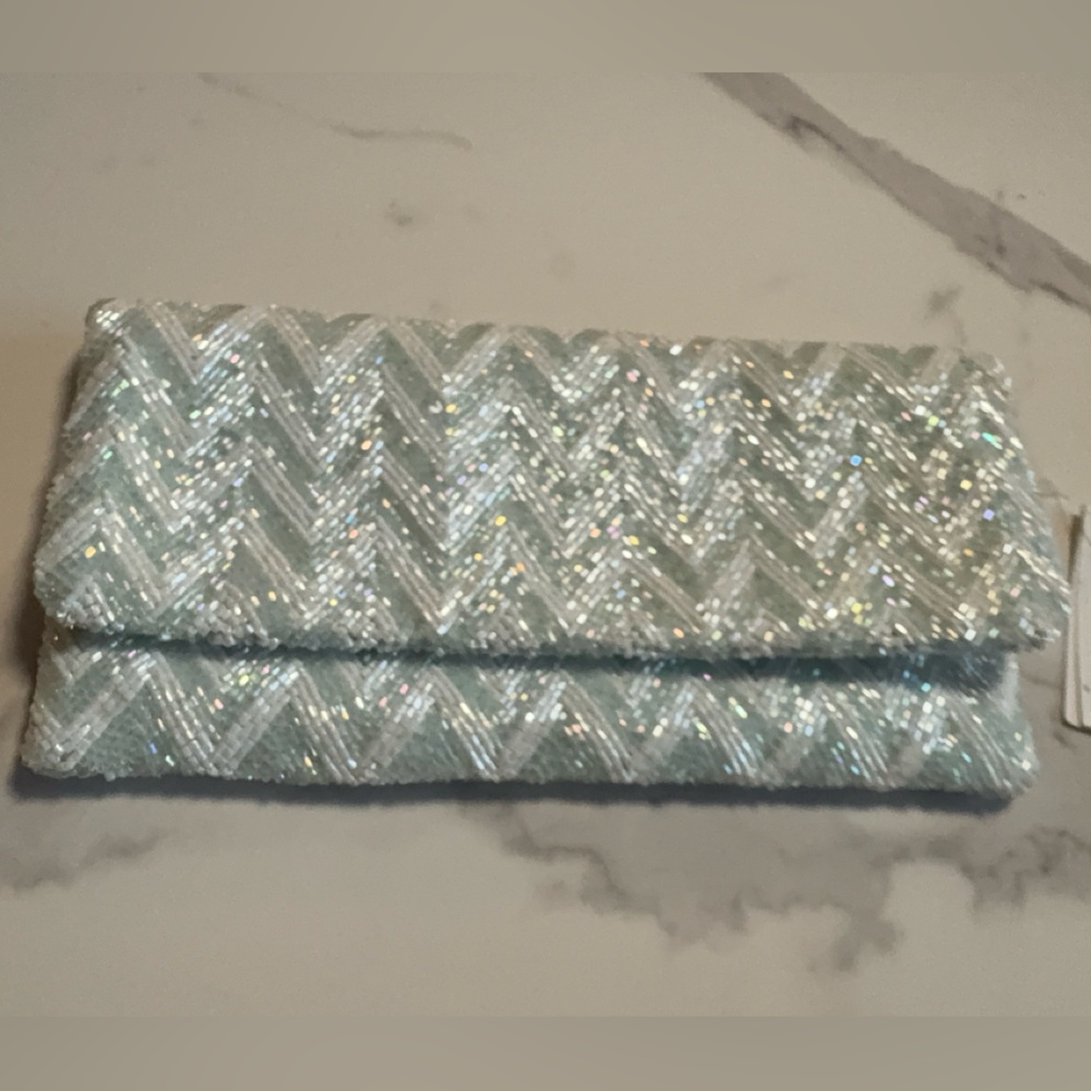NWT. Moyna beaded Iridescent Aqua/mint Chevron Clutch- day or night!